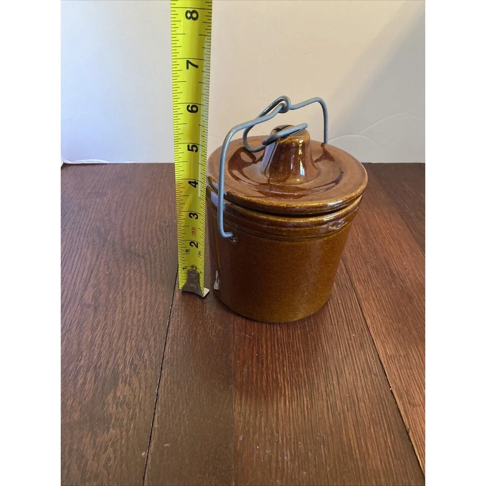 Vintage Cheese Crock with Locking Wire‎ Bail Lid Dark Brown Glaze Jar